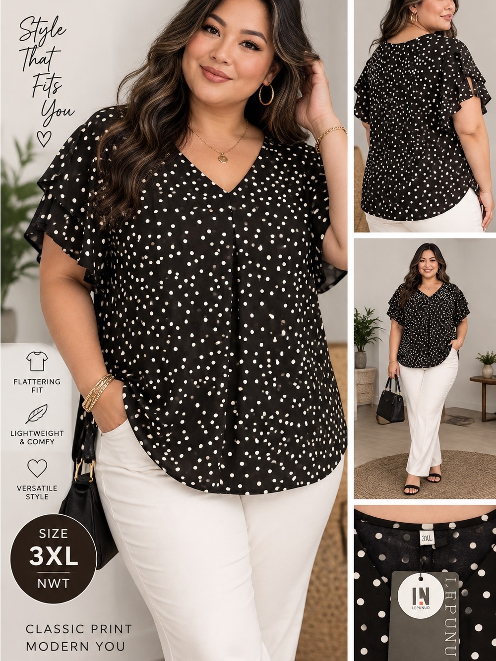Lepunuo NWT Black Polka Dot Flutter Sleeve Blouse 3X